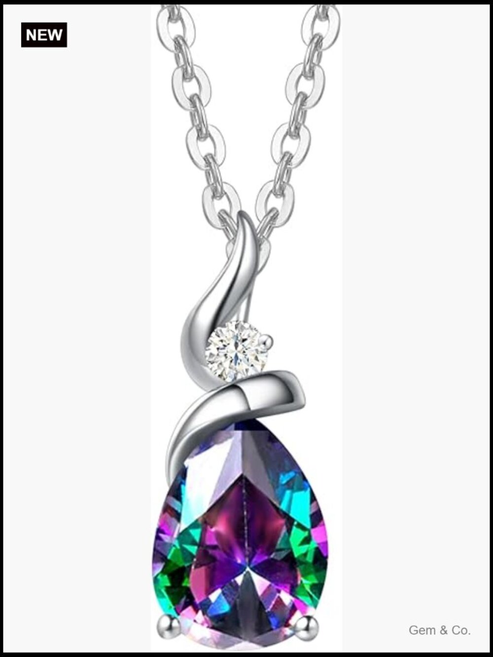14k Solid White Gold Pear Shaped Birthstone Pendant Necklace with Diamond